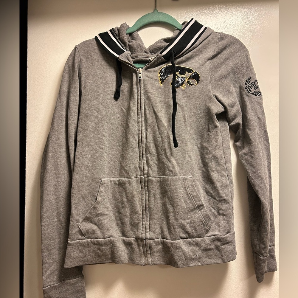 PINK Victoria's Secret Iowa Hawkeyes Gray Hoodie with Black and Gold Accents